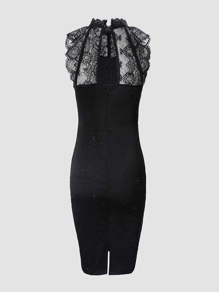 Glitter Contrast Lace Party Dress, Colour - Black