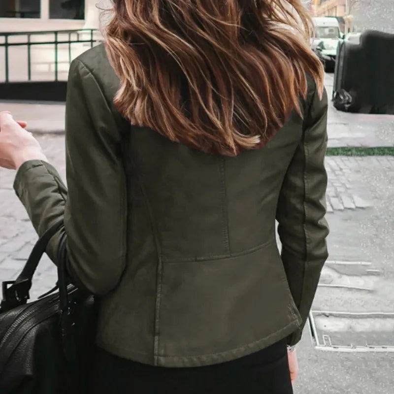 Slim Fit Faux Leather Jacket Women - Colour Army green