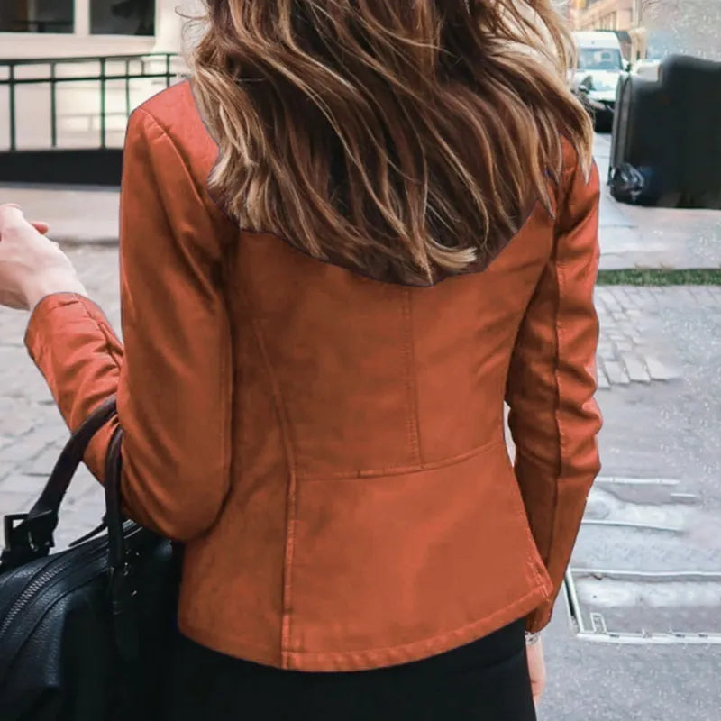 Slim Fit Faux Leather Jacket Women - Colour Orange