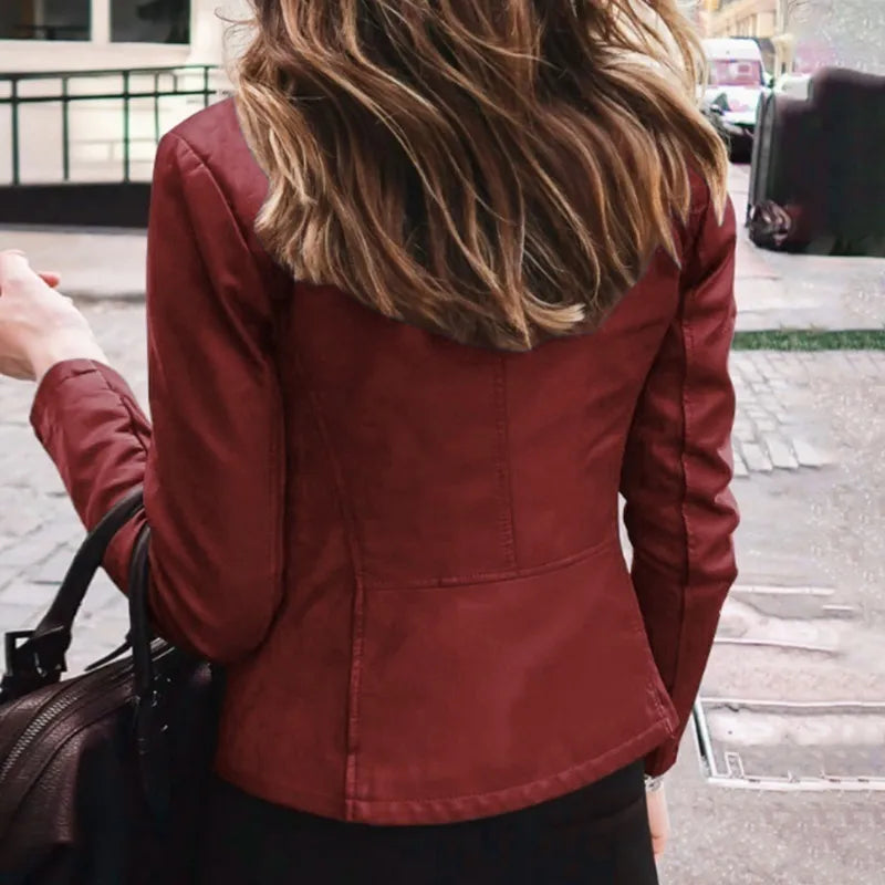 Slim Fit Faux Leather Jacket Women - Colour Wine Red