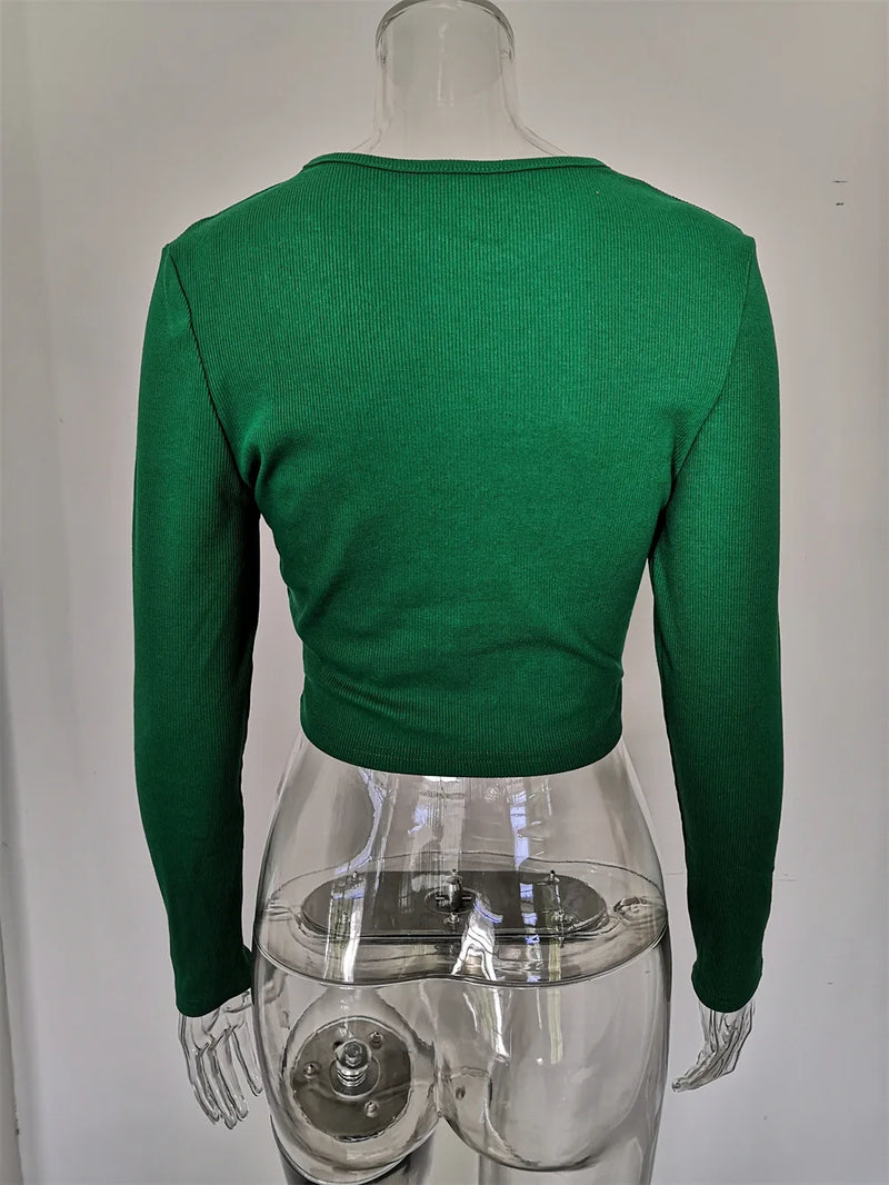 Long Sleeve Crop Top Tee - Colour - Green